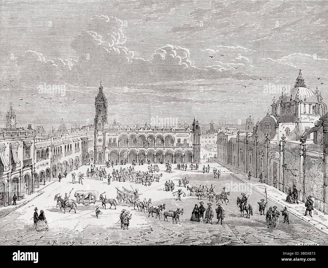 Plaza de las Armas, Heróica Veracruz, Mexico, 19th century.  From Voyage to Mexico by M.E. Vigneaux, 1854-1855.  Featured in Le Tour du Monde, published 1862. Stock Photo