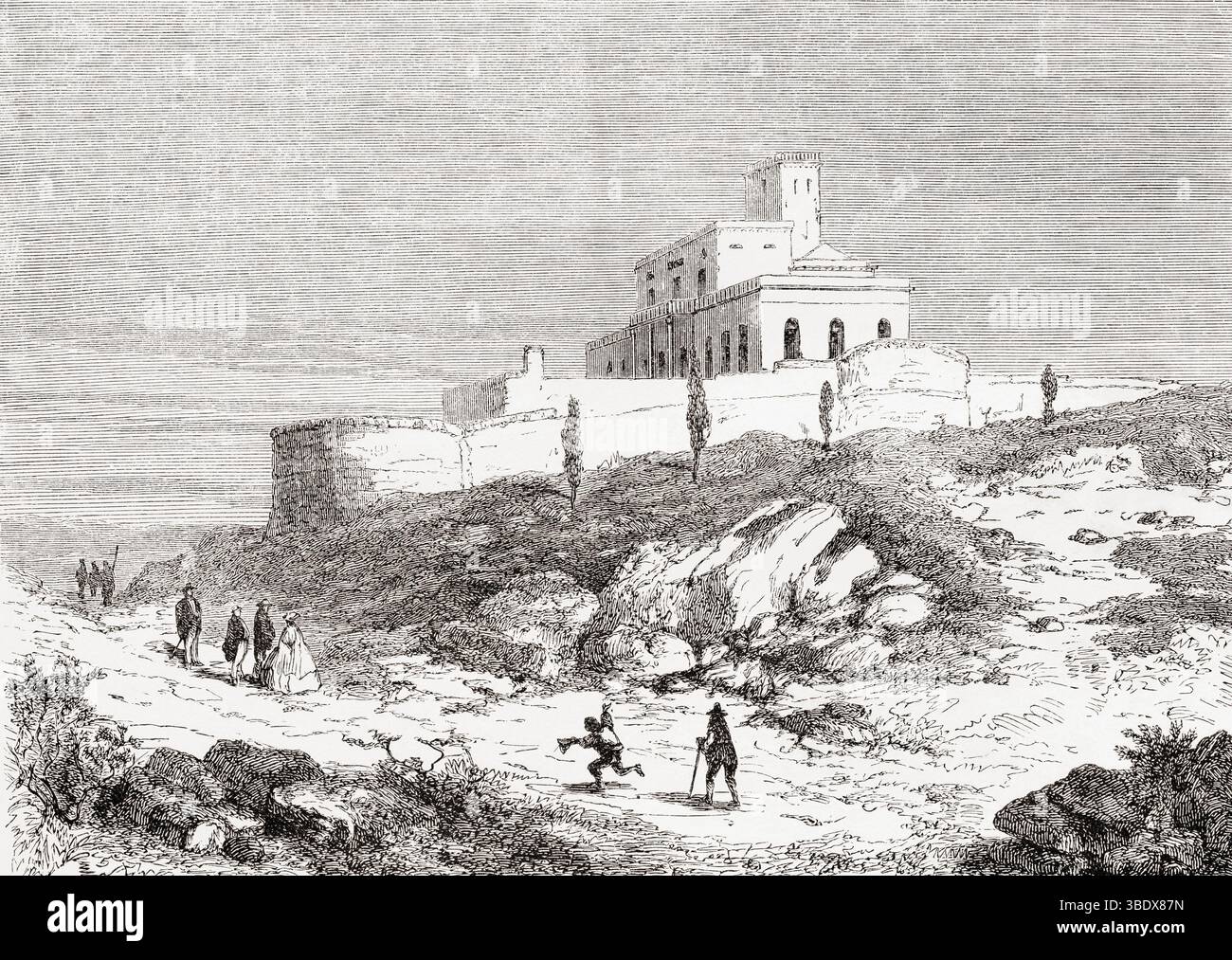 The Vesuvius Observatory, Naples, Italy, 1862.  From Walks around Naples - Eruptions of Vesuvius - Destruction of Torre del Greco by Marc Monnier, 1862. Featured in Le Tour du Monde, published 1862. Stock Photo