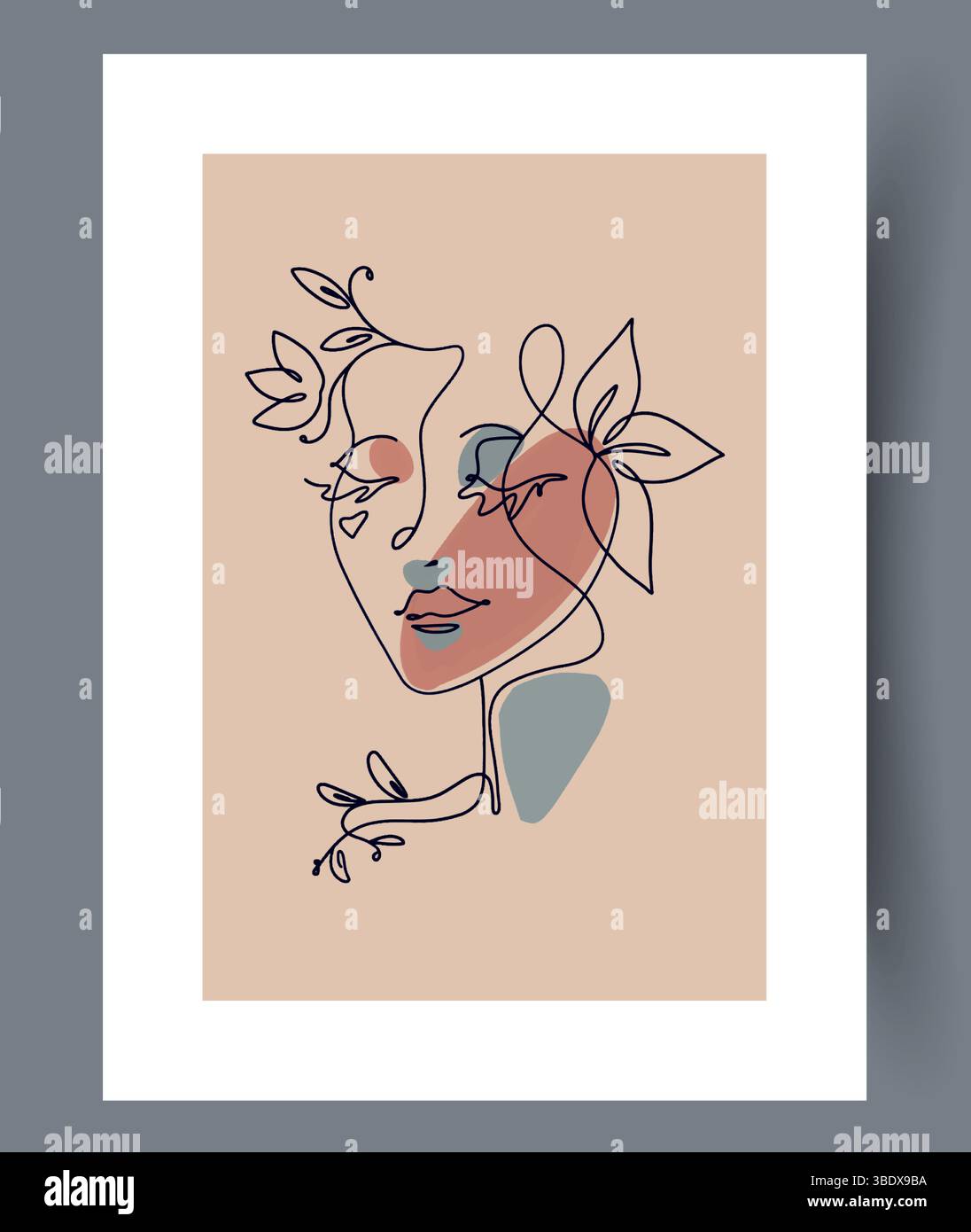 An Abstract Line Drawing Illustrating a Face Incorporated with Beautiful Floral Elements Stock Vector