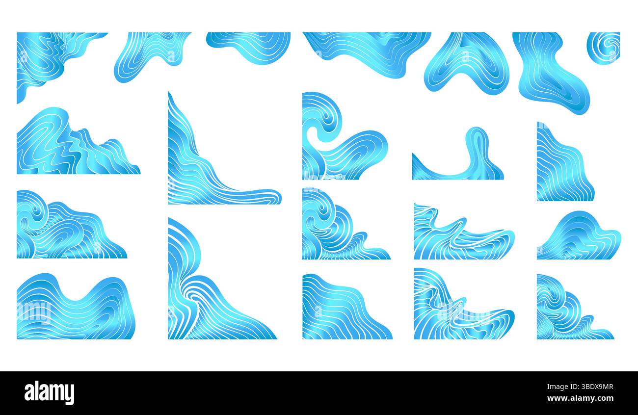 Neon Blue Wavy Corner Set Vector Borders Isolated Design Elements. Luxury, Elegant Decorative Abstract Shapes for Banner Stock Vector