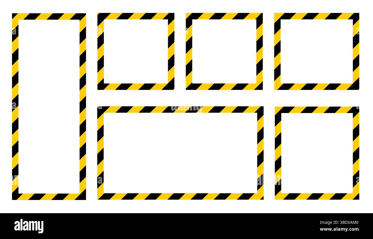 Collection of striped police warning tapes in yellow and black colors. Clean and clear flat visuals, perfect for alert, caution, or restricted area de Stock Vector