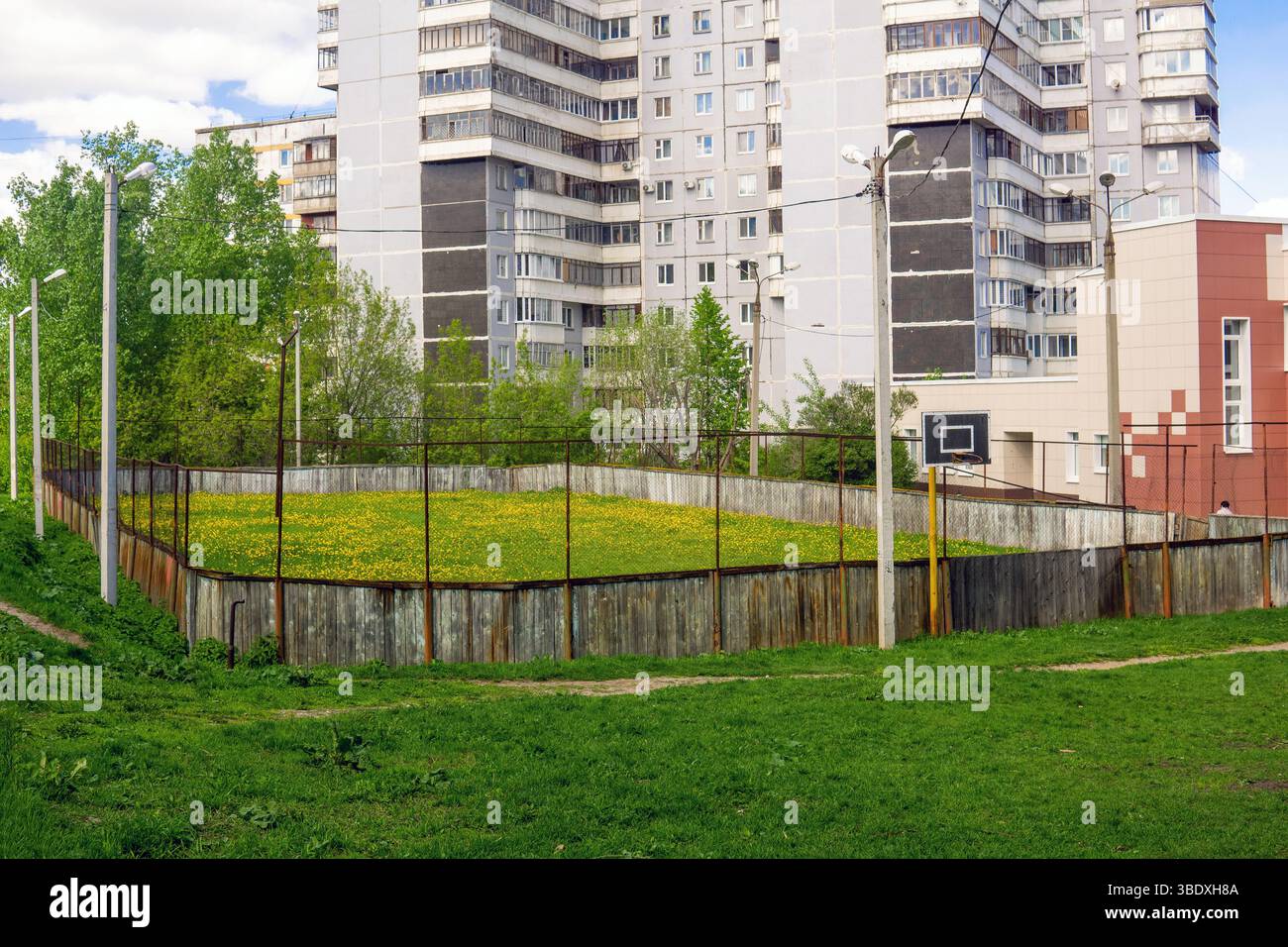 summer city landscape with outdoor hockey rink, overgrown with grass ...