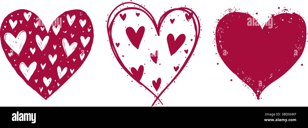Three hand-drawn hearts with unique decorative patterns, red and white tones, set on a plain white background, symbolizing love. Valentine's day Stock Vector