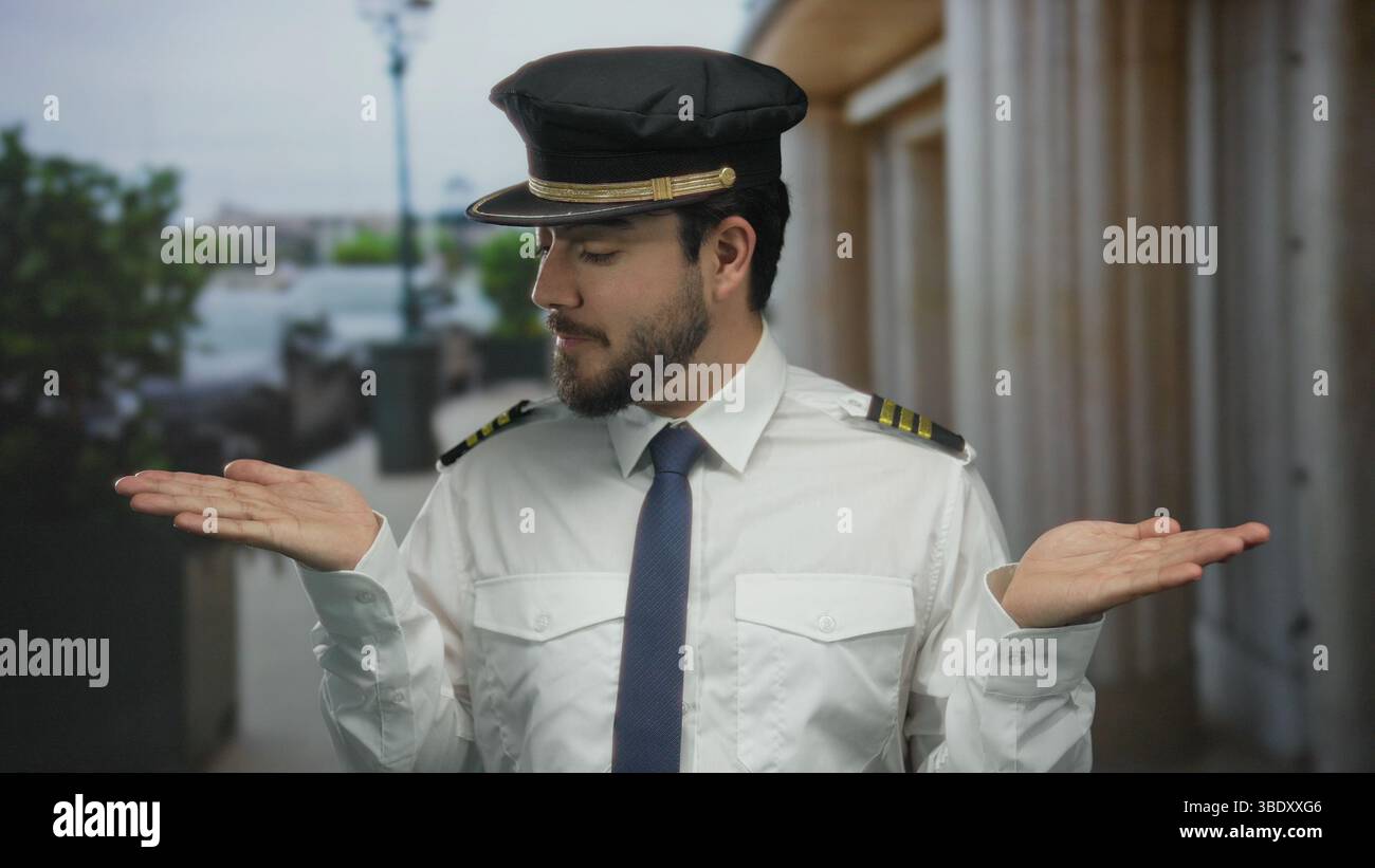 Young man with beard in pilot uniform standing outdoors with arms ...