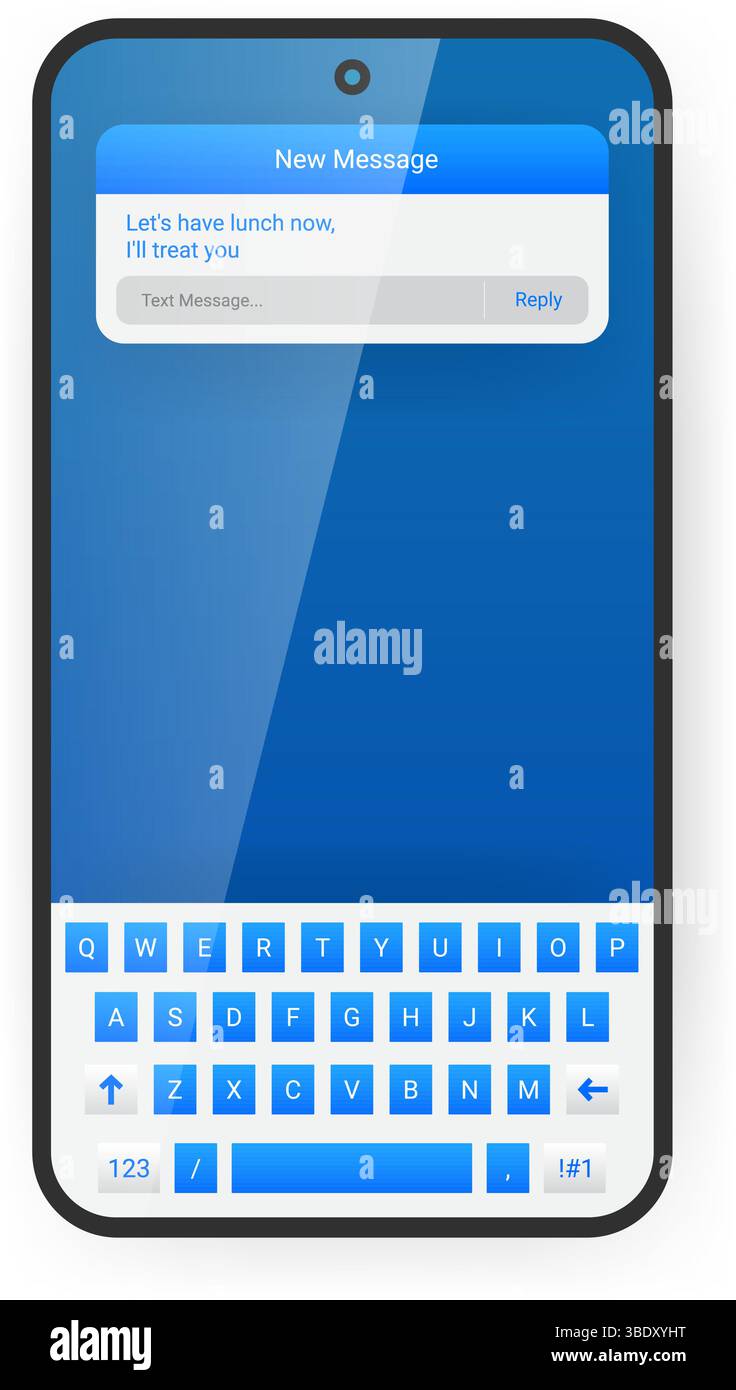 Modern smartphone messaging app user interface featuring a blue themed notification layout, on screen QWERTY keyboard, and reply message field. Stock Vector