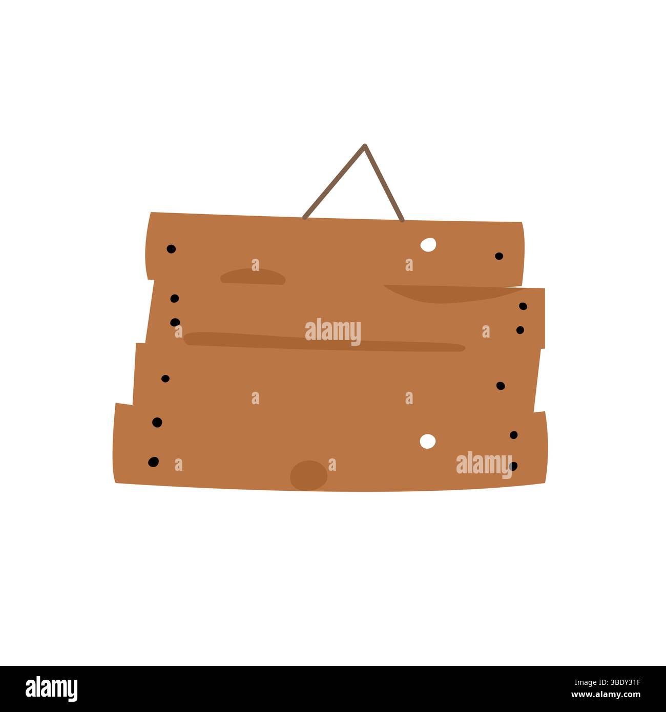 Rustic wooden signboard with hanging rope, isolated on white background, cartoon style illustration Stock Vector