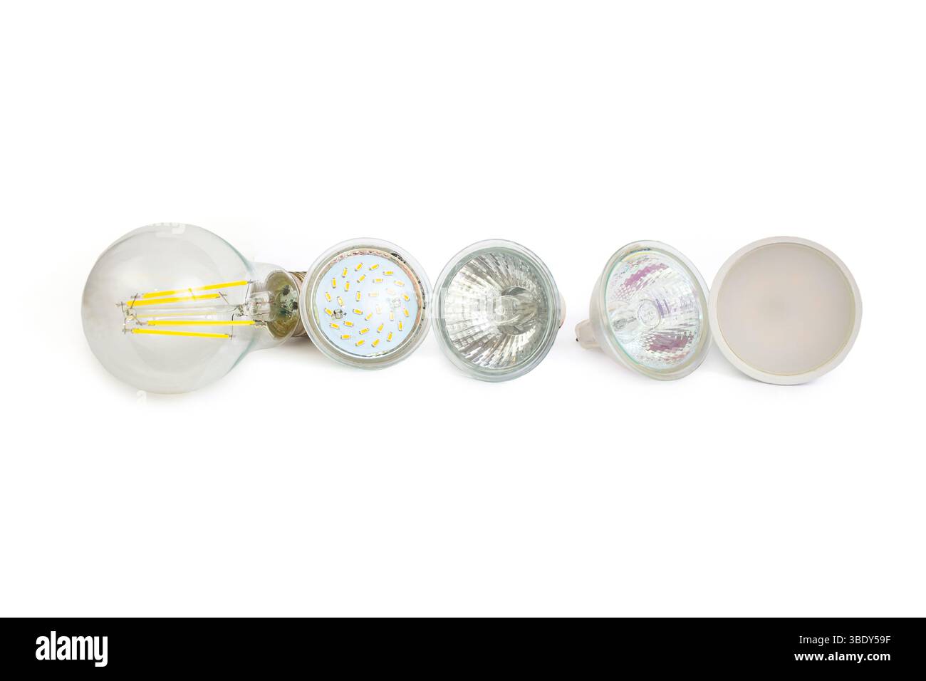 Many efficient led lightbulbs isolated on white Stock Photo