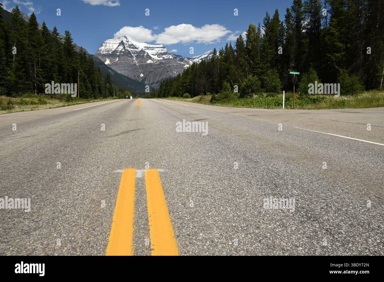Mont Robson in British Columbia is here seen backward highway 16. Stock Photo