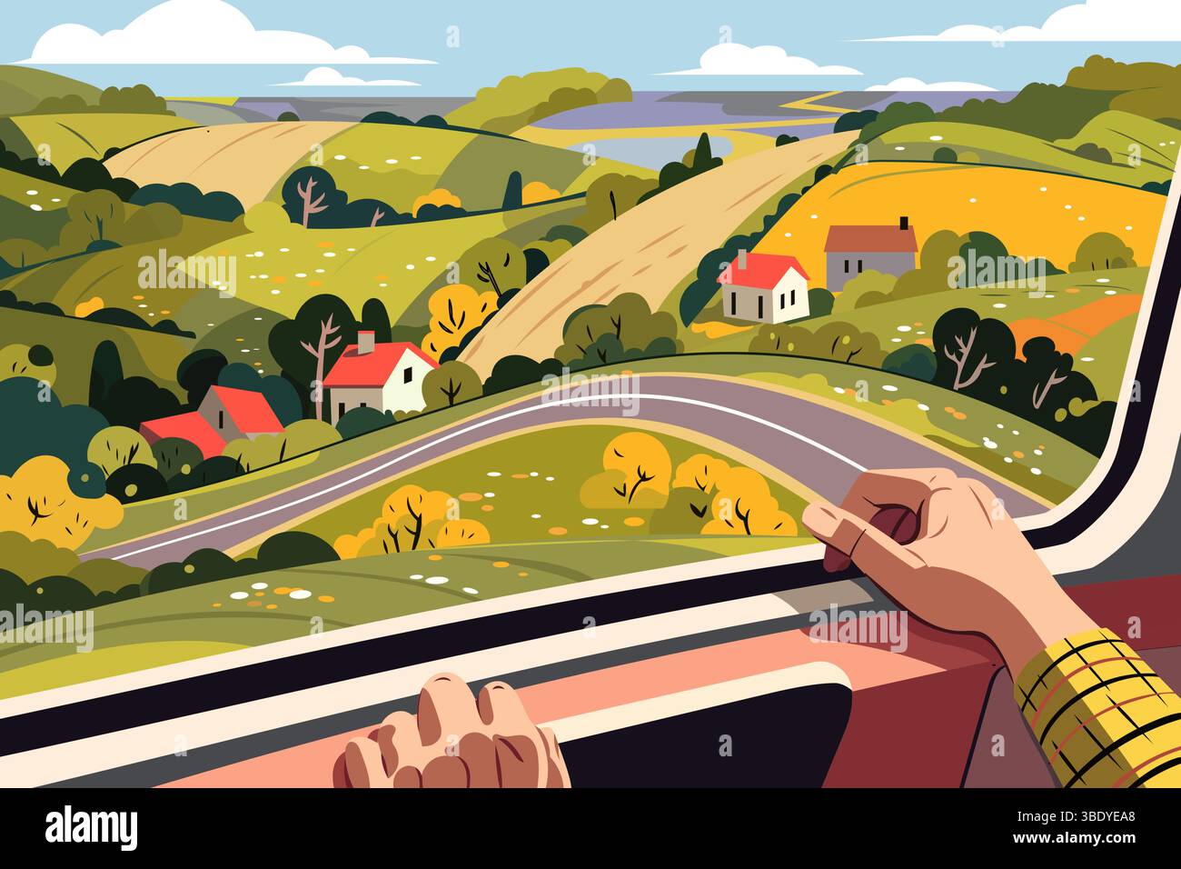 Scenic countryside view from a train window, featuring rolling hills, colorful fields, and charming houses. Vibrant rural landscape vector illustratio Stock Vector