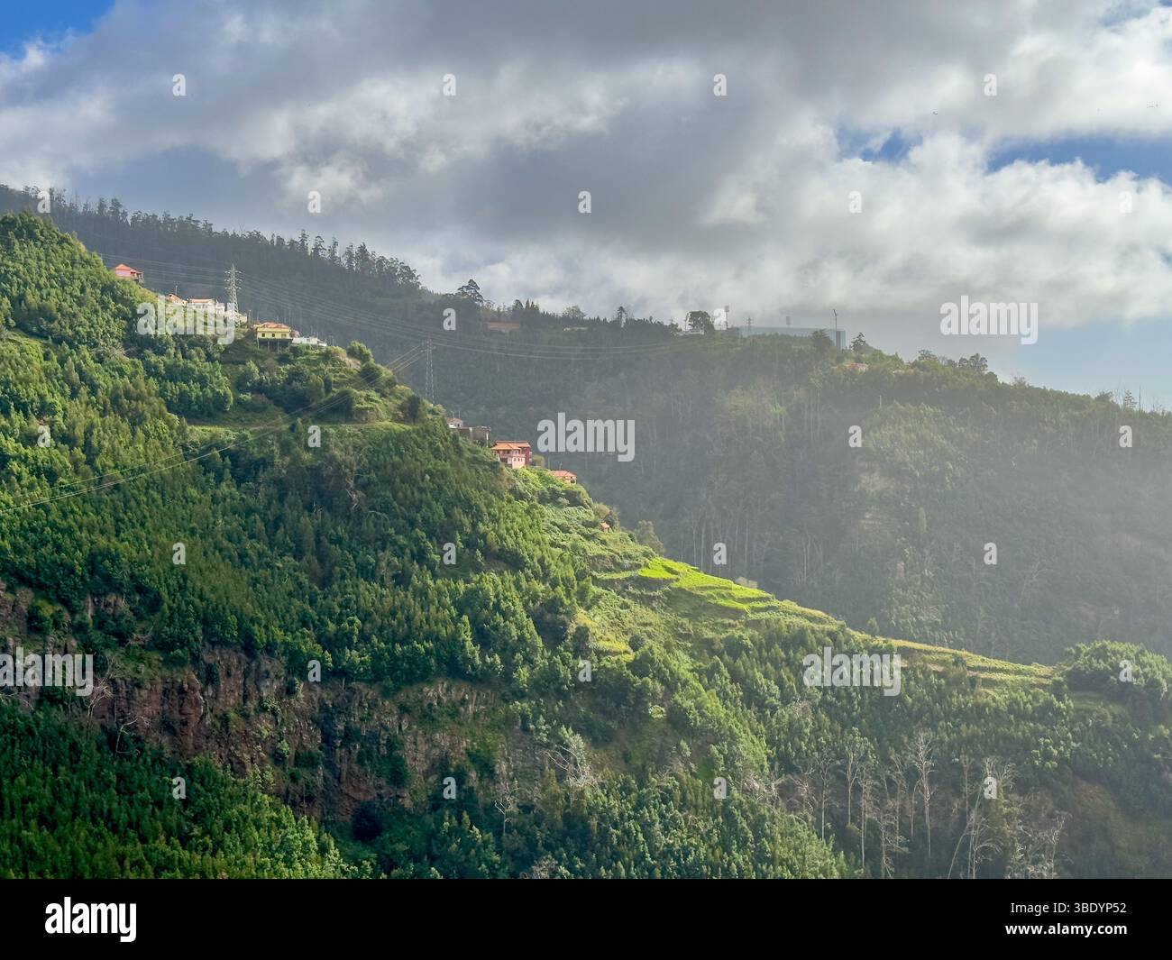 Seilbahn über grüne Berghänge und Häuser bei Funchal, Madeira - Smartphone Captured Stock Image