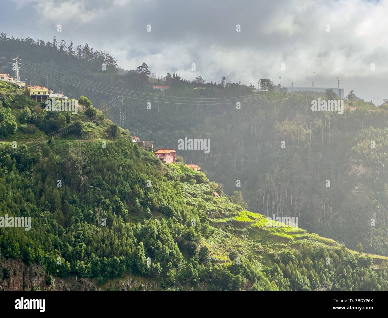 Seilbahn über grüne Berghänge und Häuser bei Funchal, Madeira - Smartphone Captured Stock Image