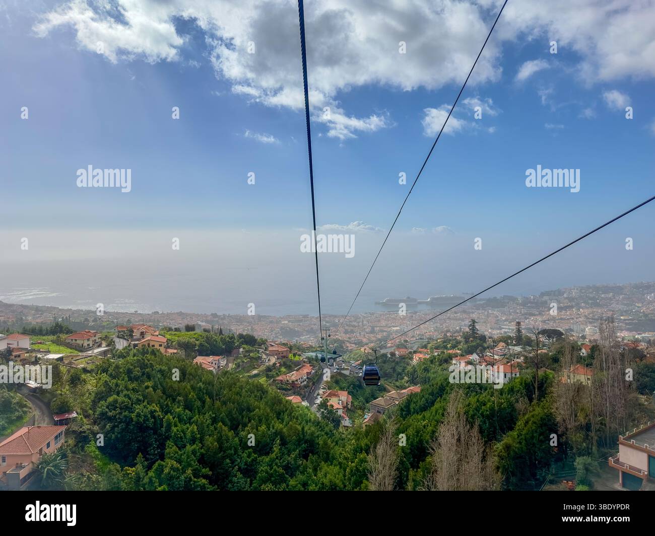 Seilbahn über grüne Berghänge und Häuser bei Funchal, Madeira - Smartphone Captured Stock Image