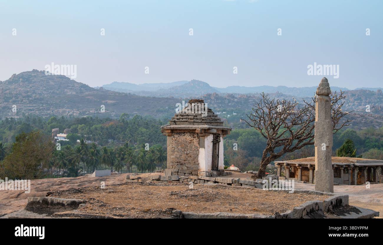 Sri Prasanna Anjaneya Gudi temple on Hemakuta hill, ruin in Hampi, South India, ancient Vijayanagara Empire, hindu culture and religion Stock Photo