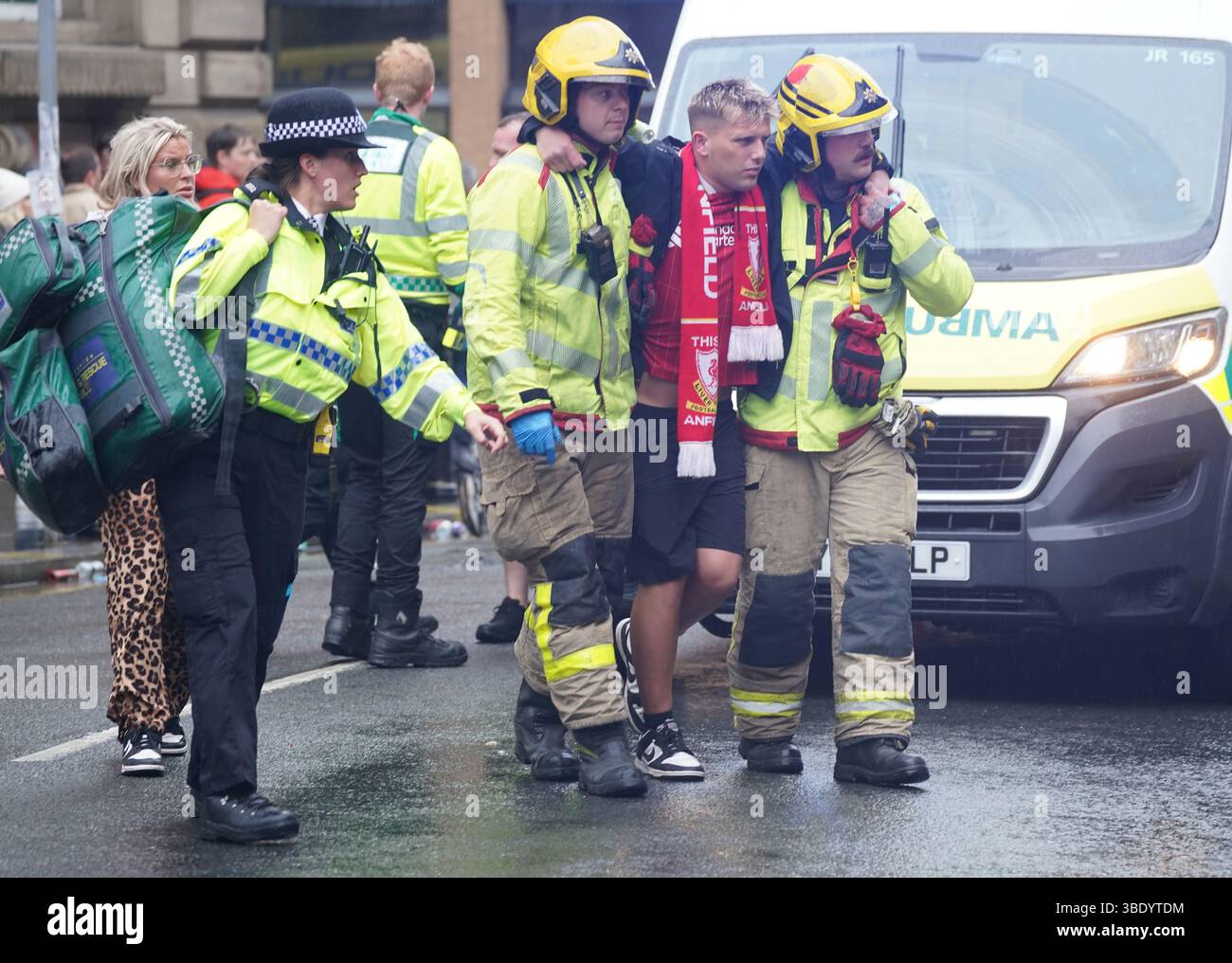 Police and emergency personnel dealing with a road traffic accident on Water Street near the Liver Building in Liverpool after a car collided with pedestrians during the Premier League winners parade. A man has been detained. Picture date: Monday May 26, 2025. Stock Photo