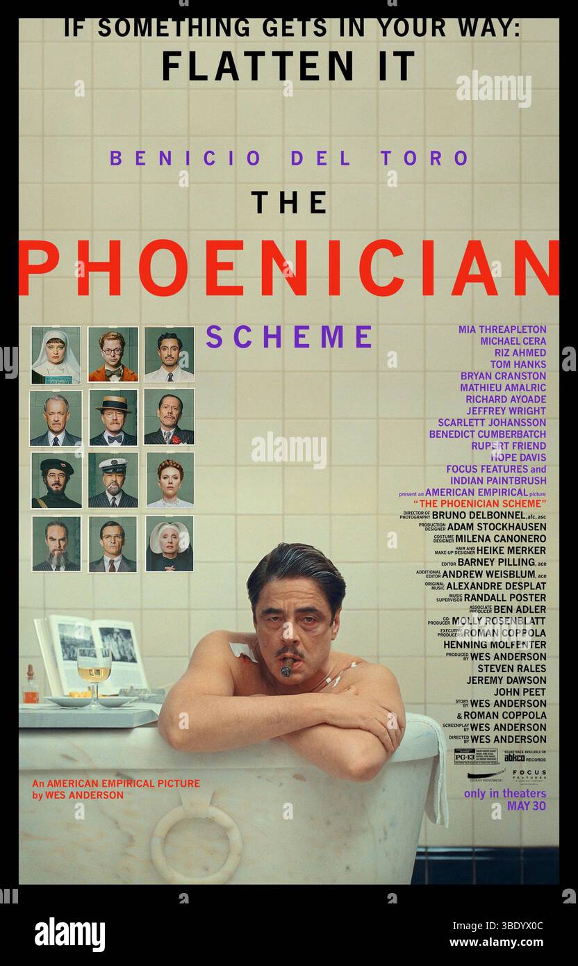 The Phoenician Scheme (2025) directed by Wes Anderson and starring Benicio del Toro, Mia Threapleton, and Michael Cera. A tycoon unexpectedly names his novice nun daughter as his sole heir, thrusting them into a world of intrigue, danger, and eccentric adversaries as they pursue an ambitious infrastructure scheme. US one sheet poster EDITORIAL USE ONLY. Credit: BFA / Focus Features. Stock Photo