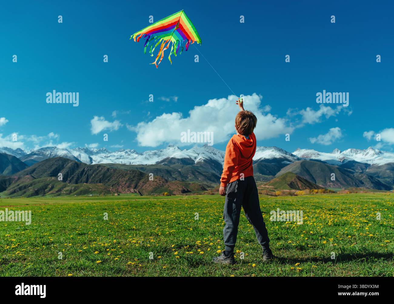 Happy boy with kite on green field on mountains background Stock Photo