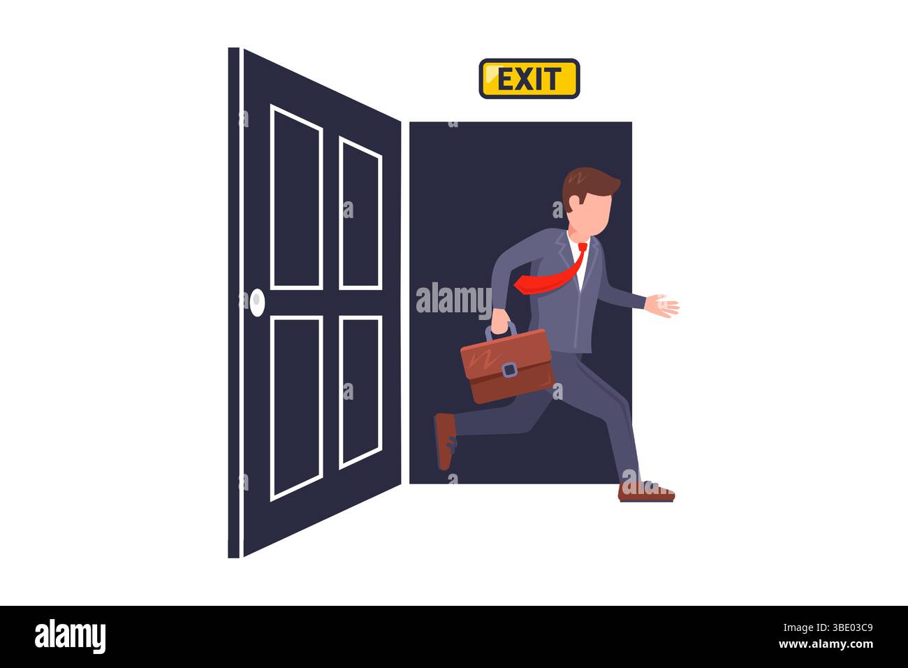 Man running out of open doors. Fire exit. Flat illustration. Stock Vector