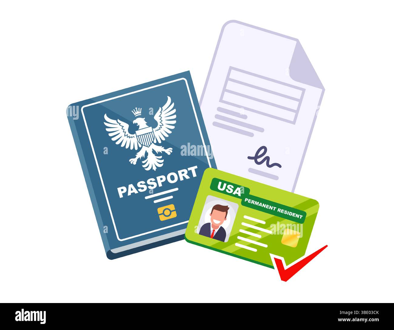 get us green card document. documents for getting passport flat illustration Stock Vector