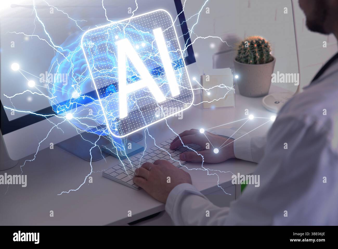 Doctor using computer with AI virtual screen at table, closeup. Artificial intelligence in medicine Stock Photo