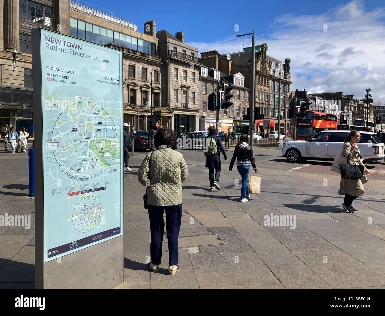 Information board with city map and attractions on Rutland Square and Princes Street, Edinburgh Scotland - Smartphone Captured Stock Image