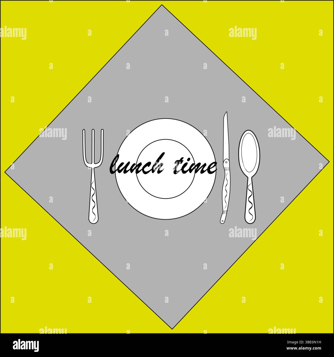 Fork knife spoon set. Dish in center plate. Text lunch time. Yellow gray background. Stock Vector