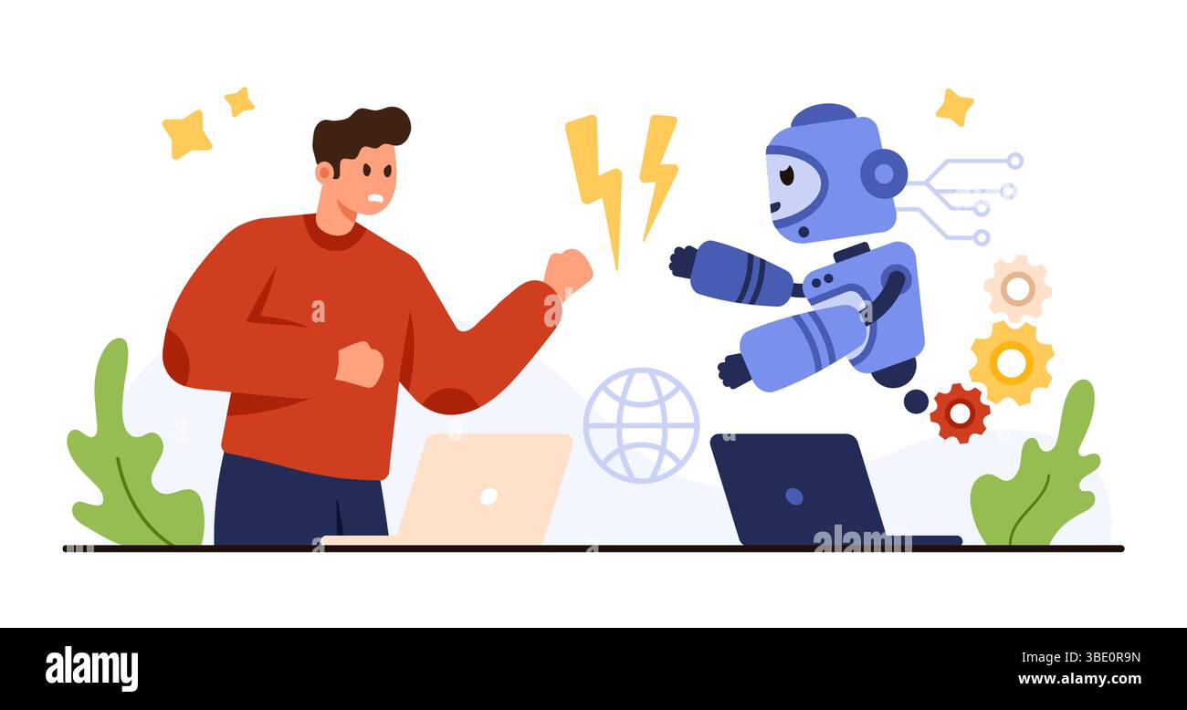 Man faces off against robot symbolizing AI risk and workplace competition, highlighting technology impact on jobs, automation, and future employment vector illustration Stock Vector