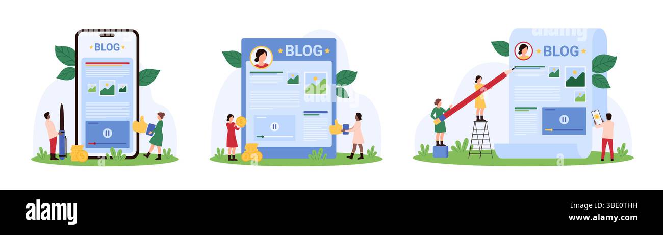 Author content creation, monetization of creative blog articles set. Tiny people make money on attracting audience, holding pencil and pen to create text, thumbs up cartoon vector illustration Stock Vector