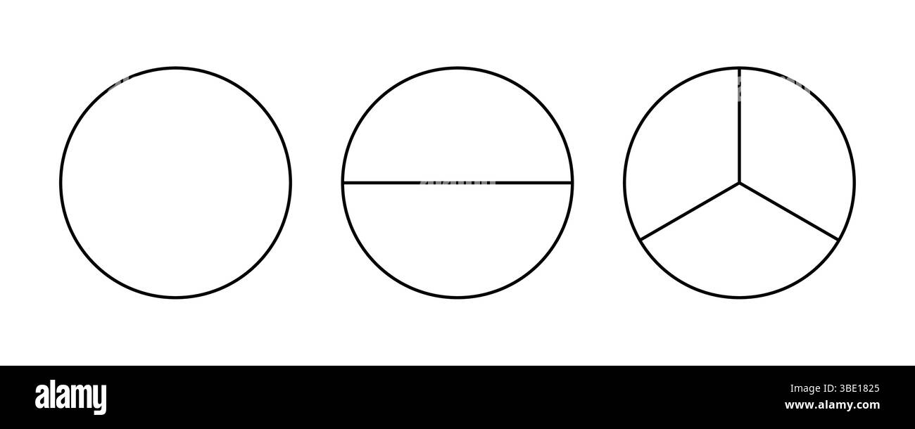 Pie, pizza rounded shape cut in 1,2,3 equal slices. Divided circle in one, two and three segments. Black line chart. Outline style.  Stock Vector