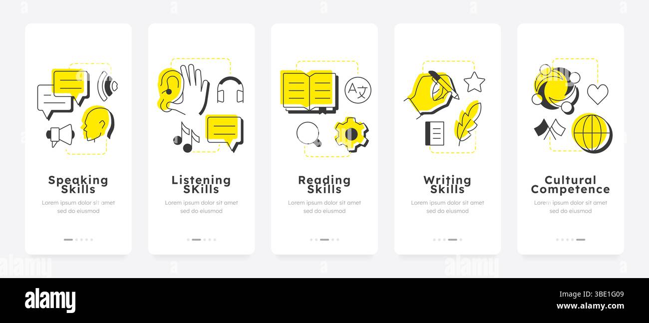 Language learning mobile app onboarding screens Stock Vector
