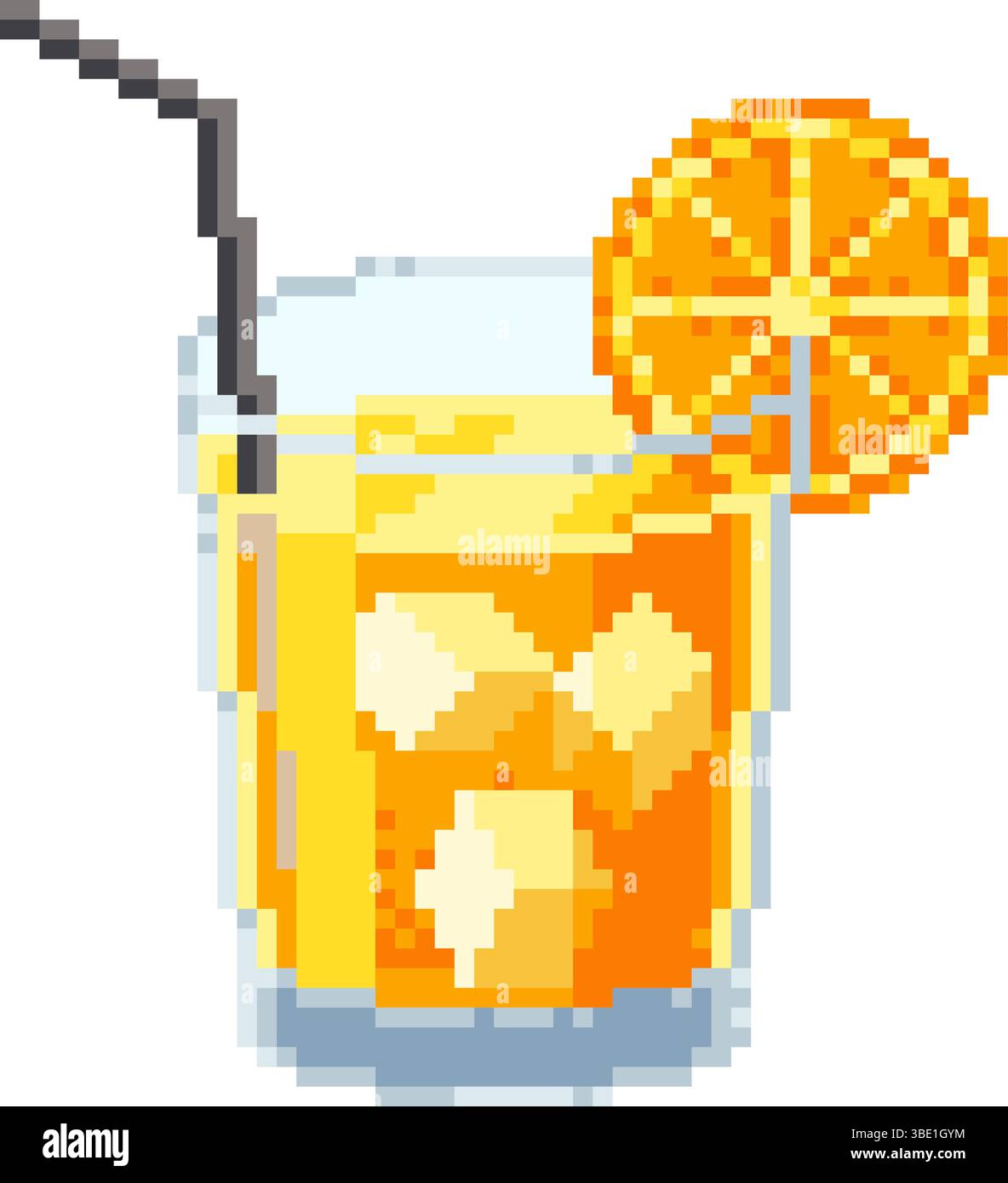Orange cocktail with ice cubes and slice in pixel art style. Refreshing ...