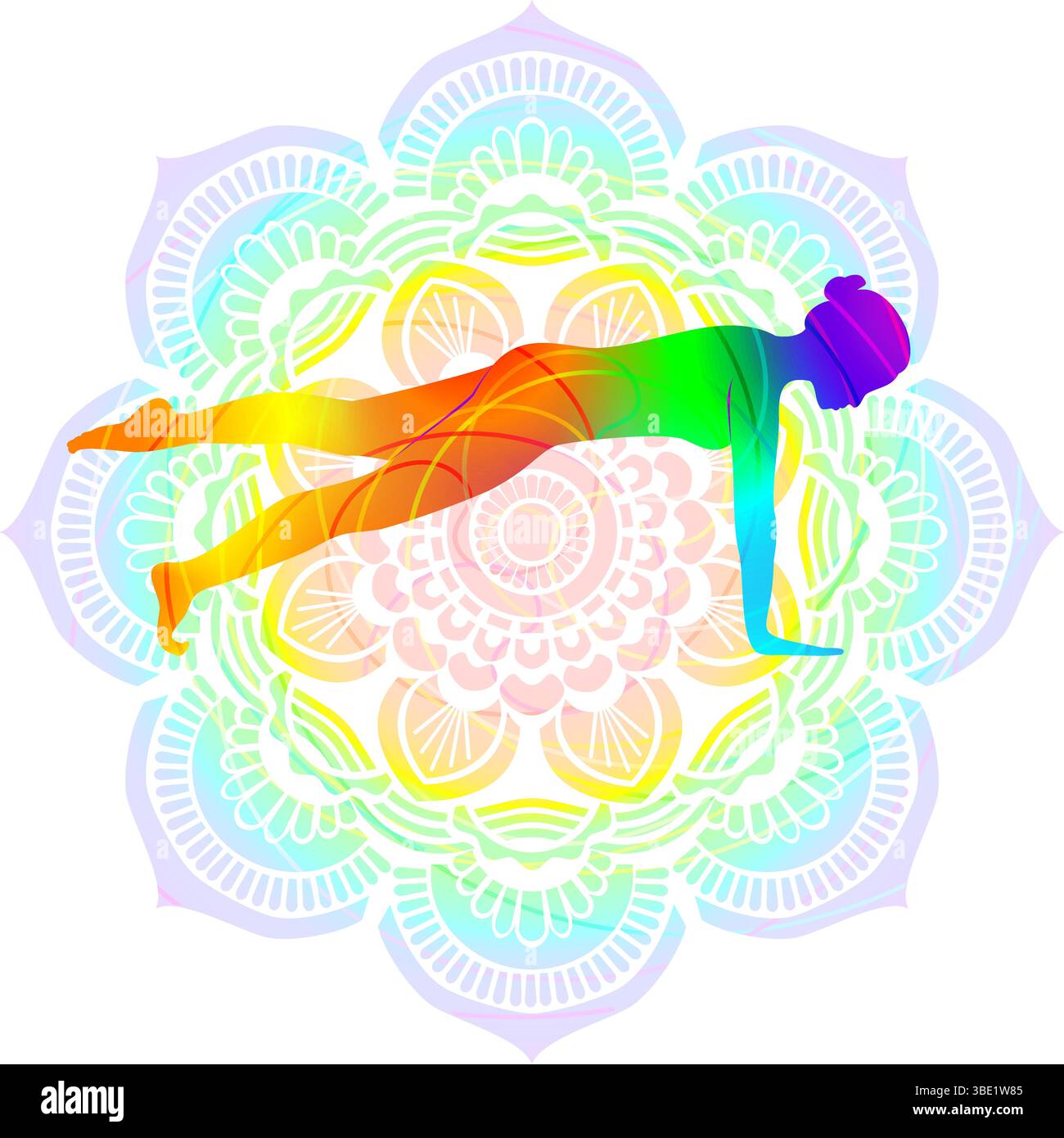 Colorful silhouette of woman practicing Eka Pada Phalakasana yoga pose ...