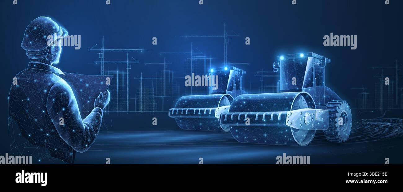 AI engineer and road rollers on the city construction background. Building site, construction machine Stock Vector
