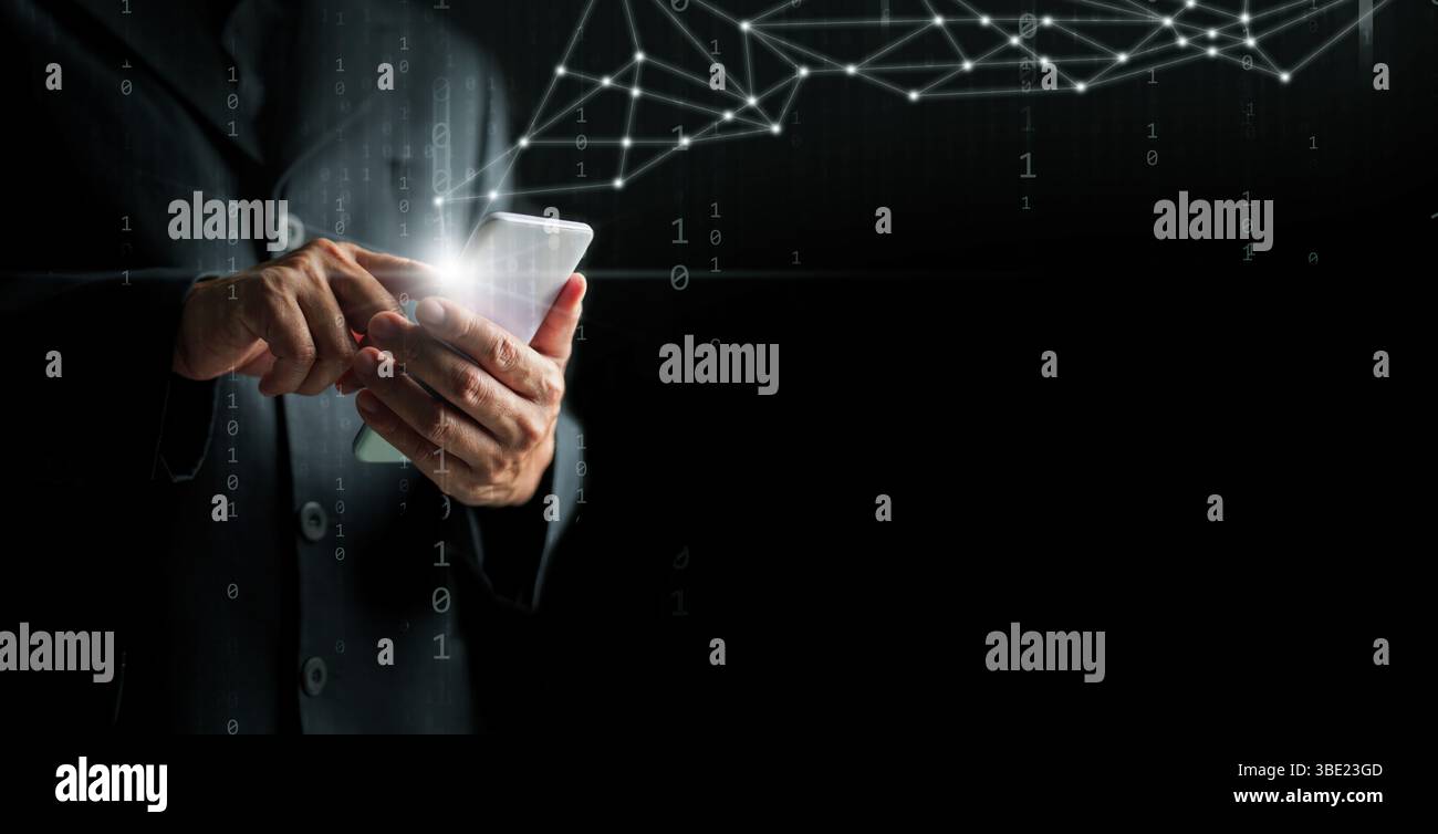 Digital technology and big data are accessible to individuals. A man with a smartphone connects to the internet network to access real-time data and g Stock Photo
