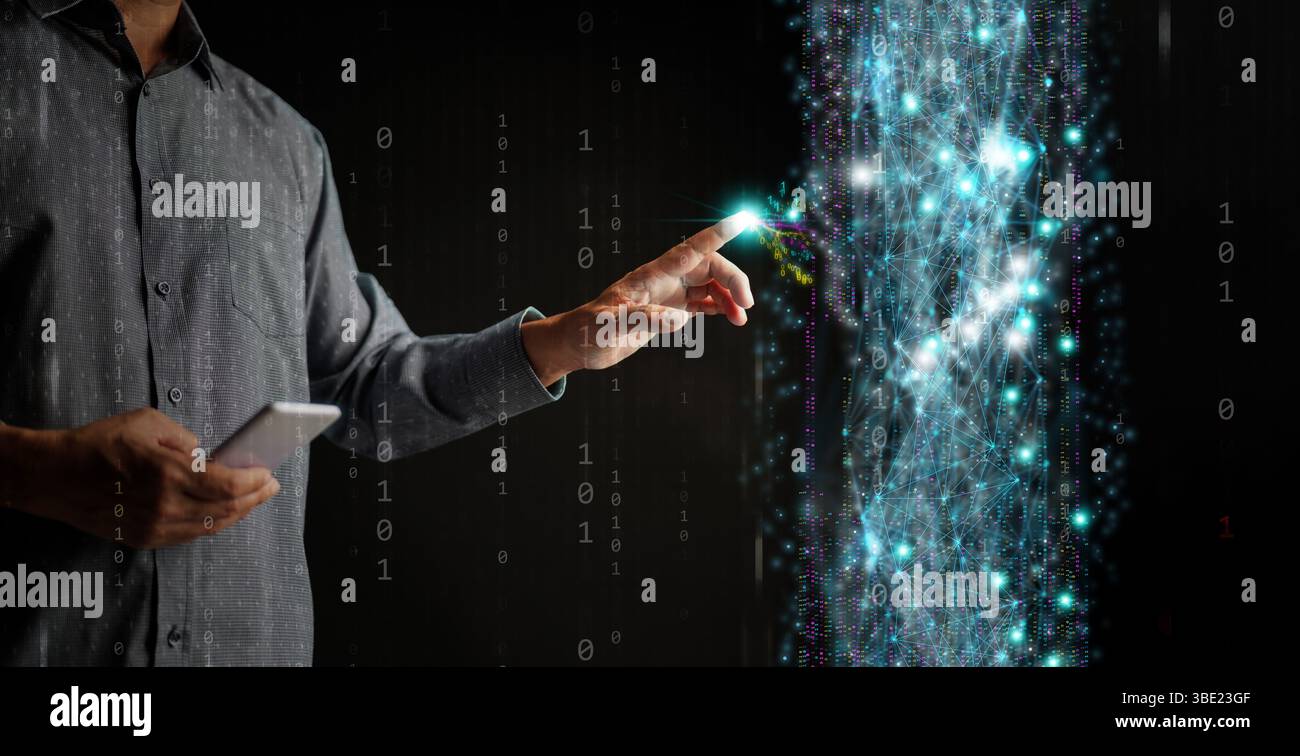 Digital technology and big data are accessible to individuals. A man with a smartphone interacts with real-time data and global info in an era of digi Stock Photo