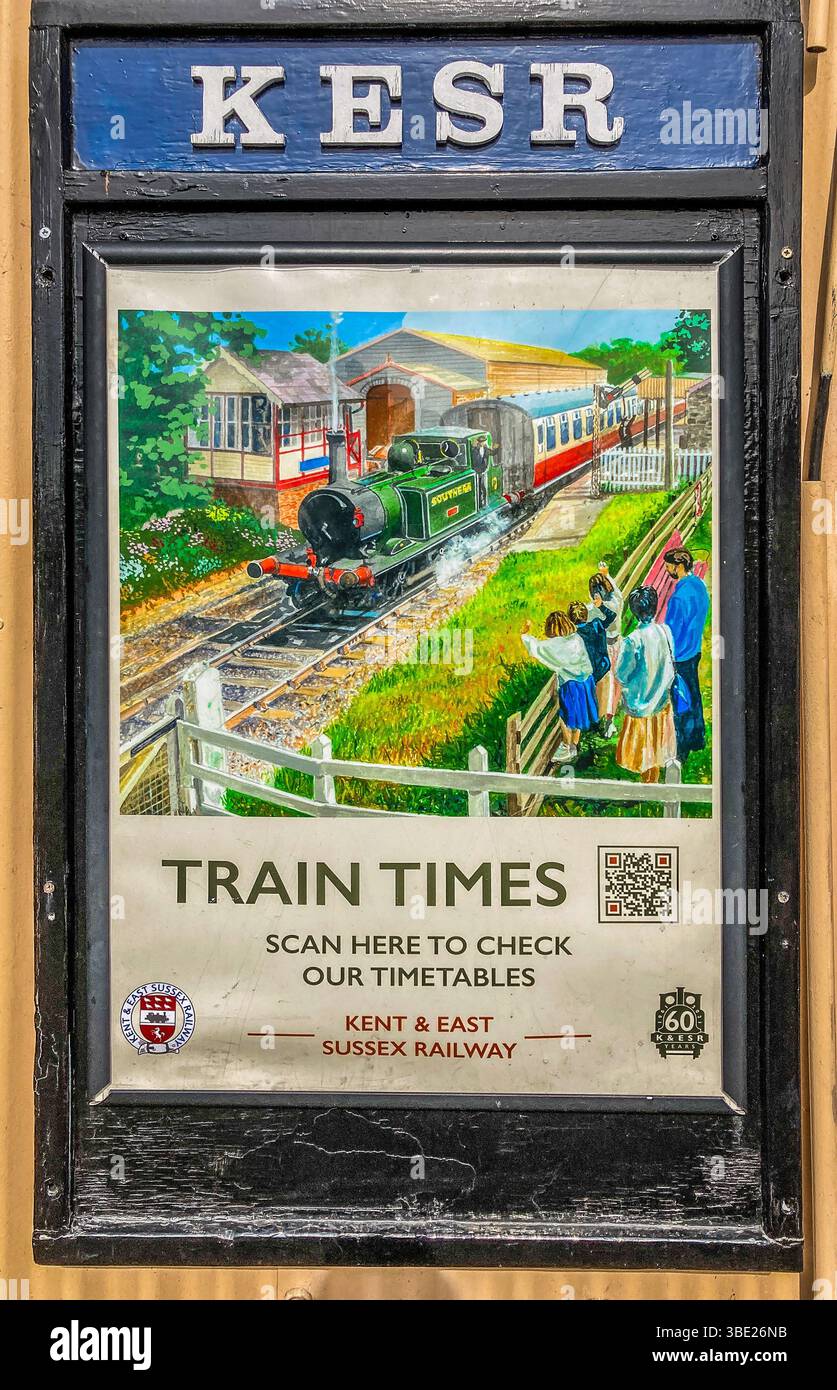 A Retro Poster advertising the Kent and East Sussex Railway, displayed at one of the Stations on the line. - Smartphone Captured Stock Image