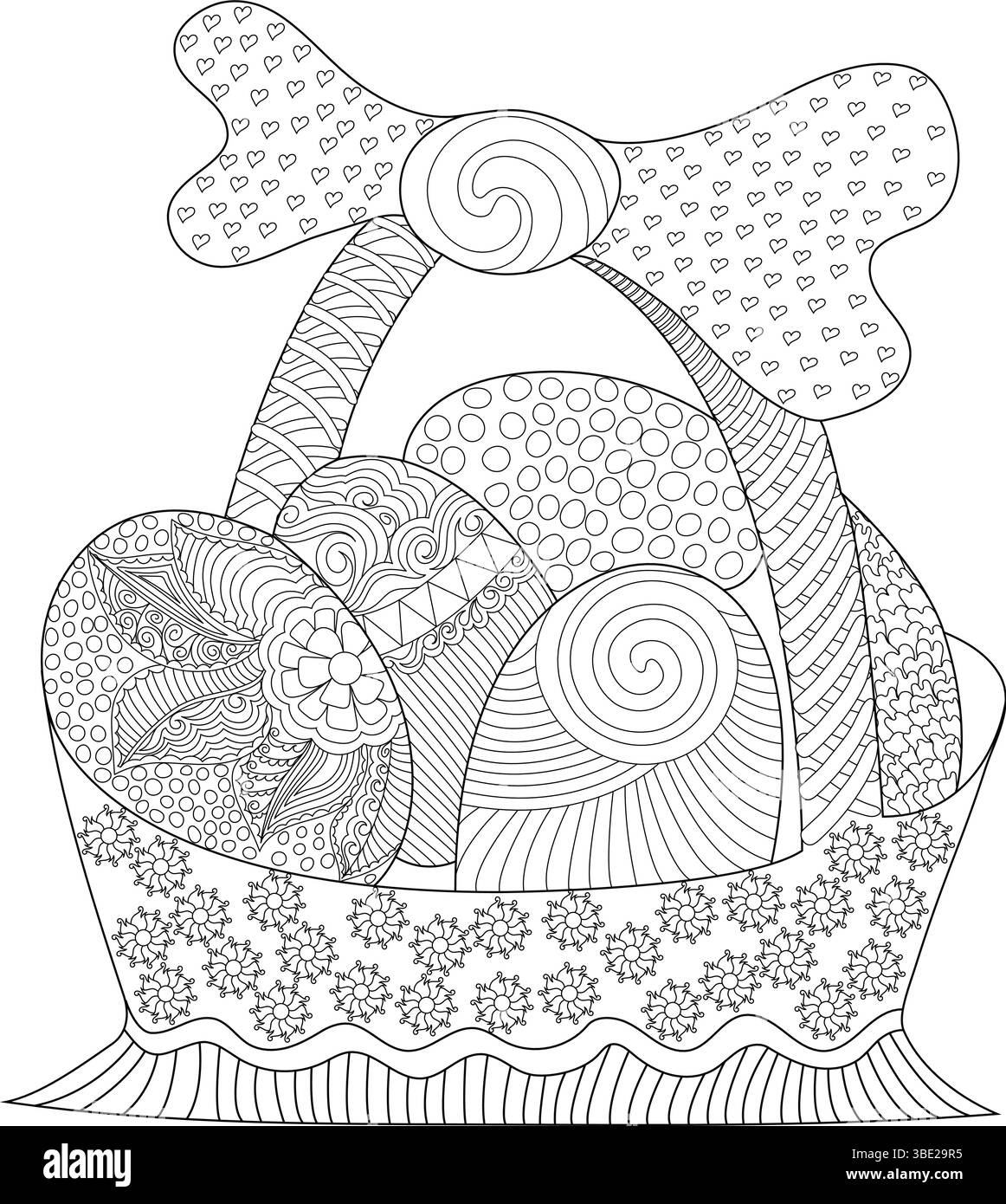 A detailed black and white illustration of an Easter basket filled with ...
