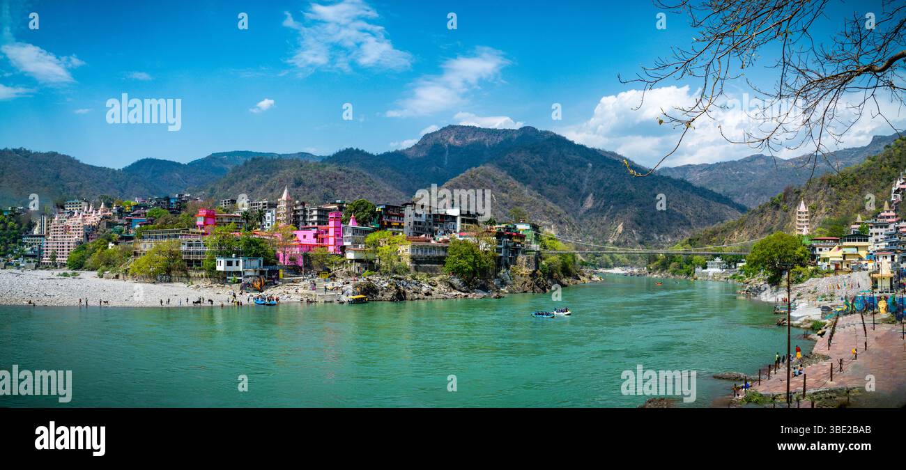 Tapovan Rishikesh Night Panoramic View of Ganga River, Lakshman Jhula, and Tera Manzil Temple ...