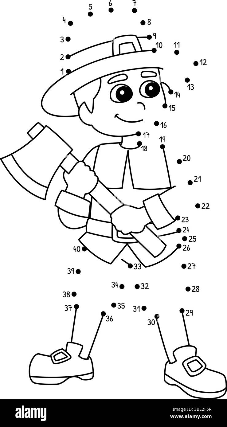 Dot to Dot Pilgrim Boy Holding an Axe Isolated  Stock Vector