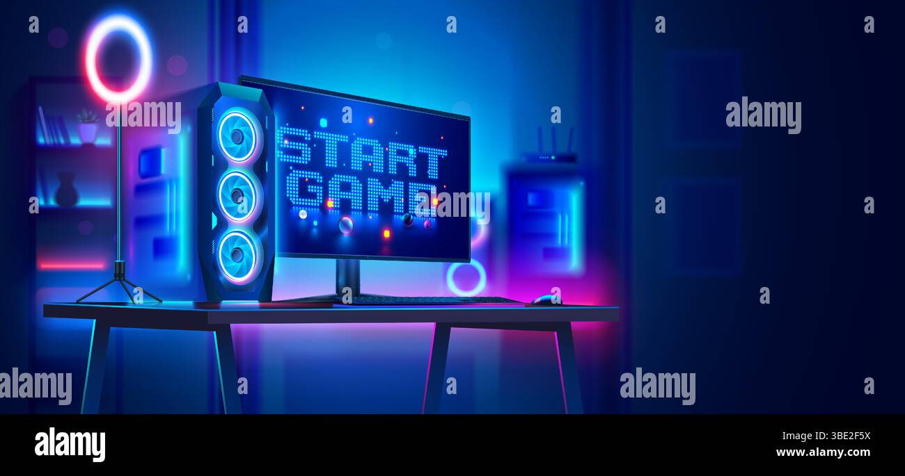 Powerful gaming computer on the table with the inscription the start ...