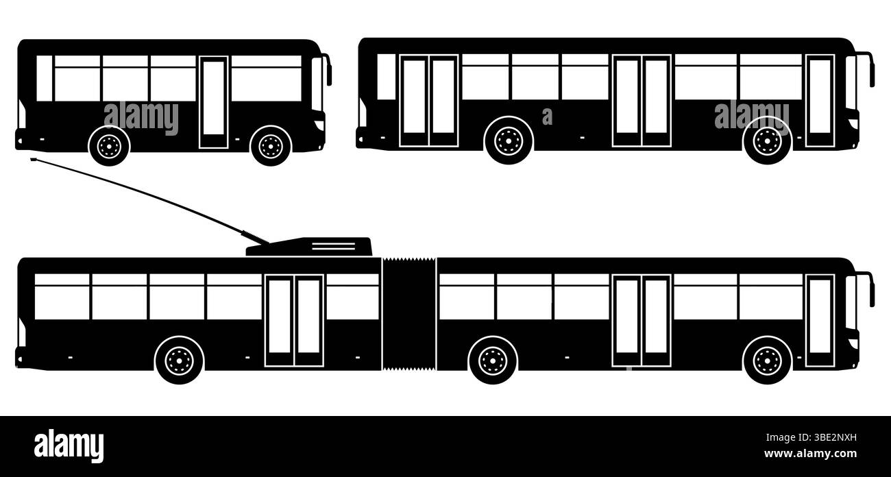 Shuttle buses silhouette isolated vector illustration. City transport icons set view from the side. Stock Vector