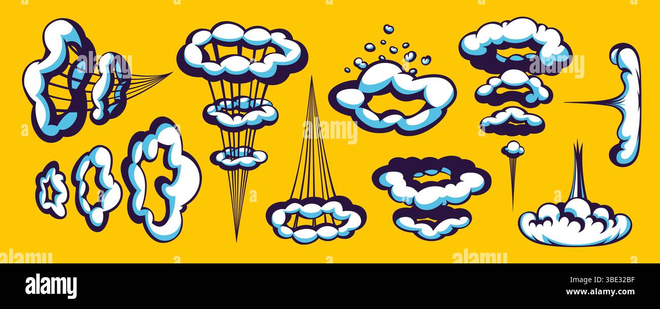 Comic cloud explosion with cartoon speed lines, motion effect, and smoke puffs on yellow background. Cartoon and comic cloud elements for dynamic Stock Vector