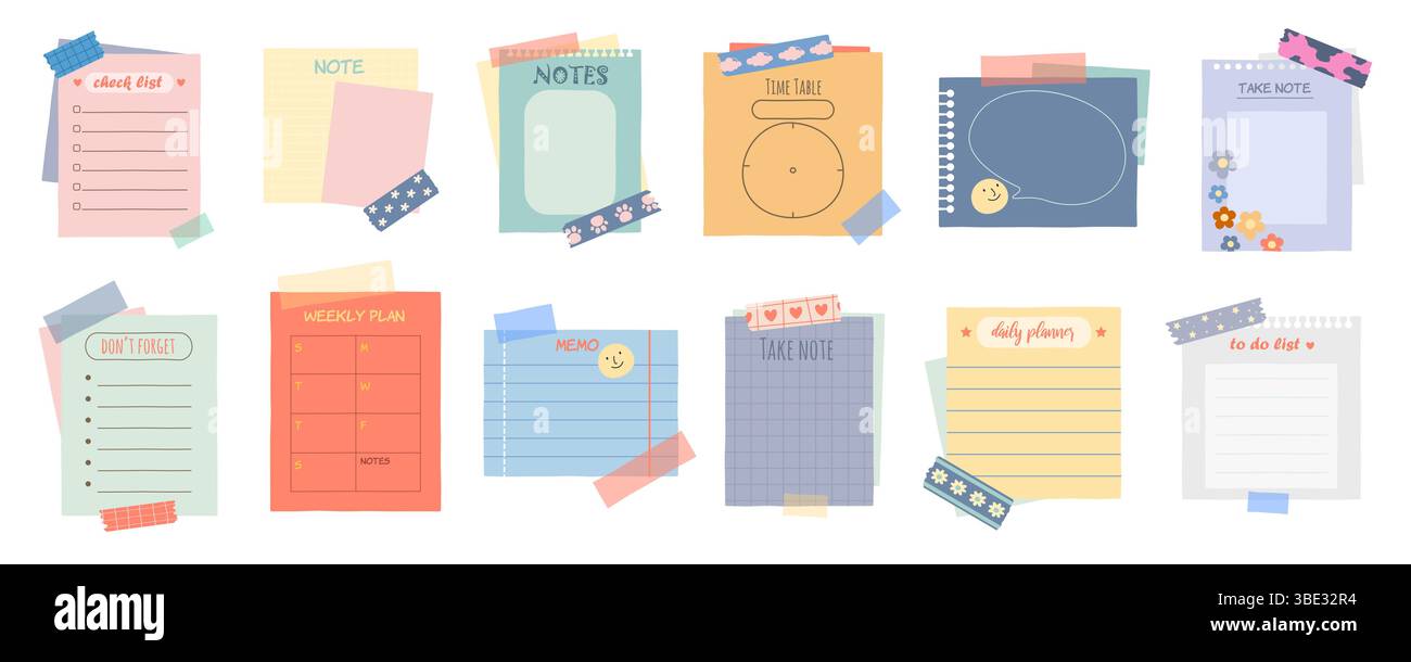 Note paper sheets set. Vector memo with adhesive labels. Blank or empty ...