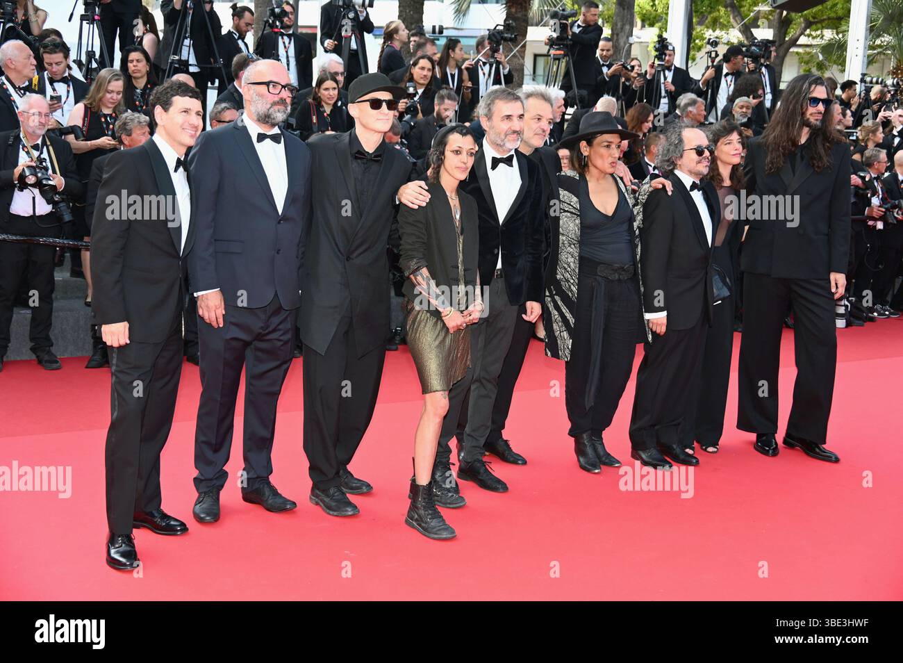 Cast and crew of the film 'Sirât': Guillermo Farré, Oriol Maymó, guest, Jade Oukid, Xavi Font, Danny Huston, guest, Santiago Fillol, Óliver Laxe Closing ceremony 78th Cannes Film Festival 24 May 2025 Stock Photo