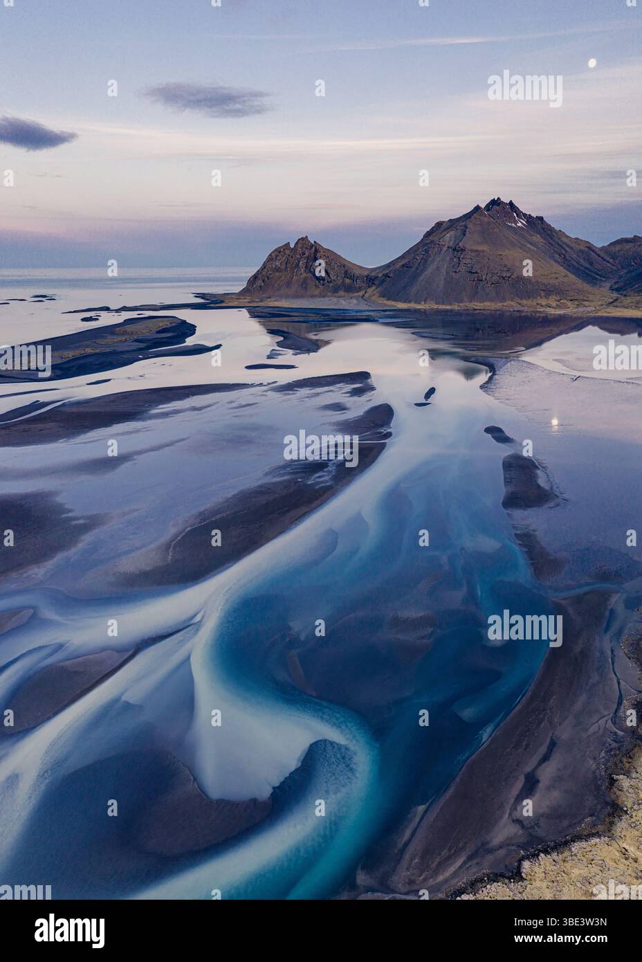 Aerial view of Brunnhorn mountain and braided river delta in East Iceland. Stock Photo