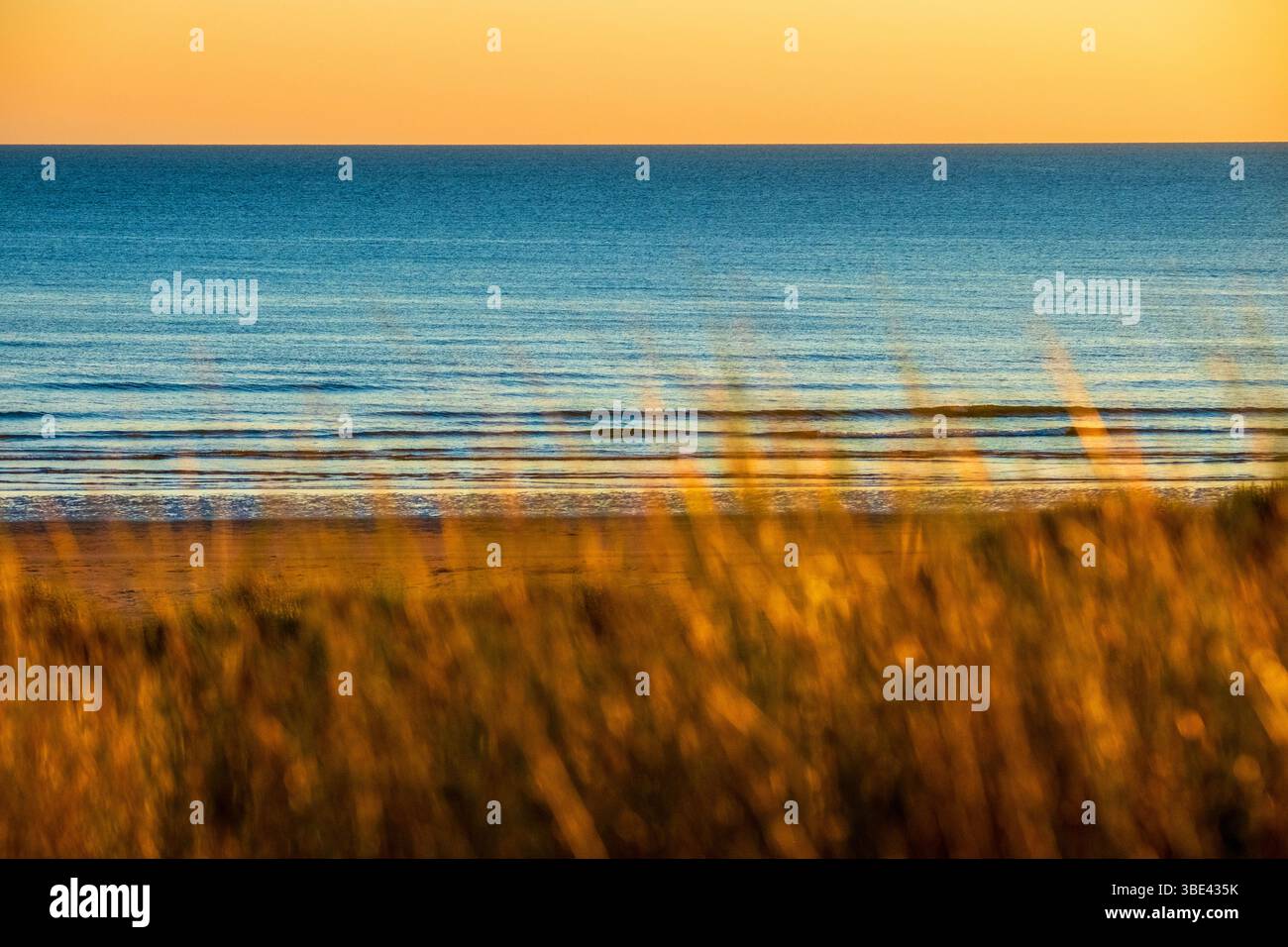 The sea beyond the sand dunes in evening light, Anglesey, Wales Stock Photo