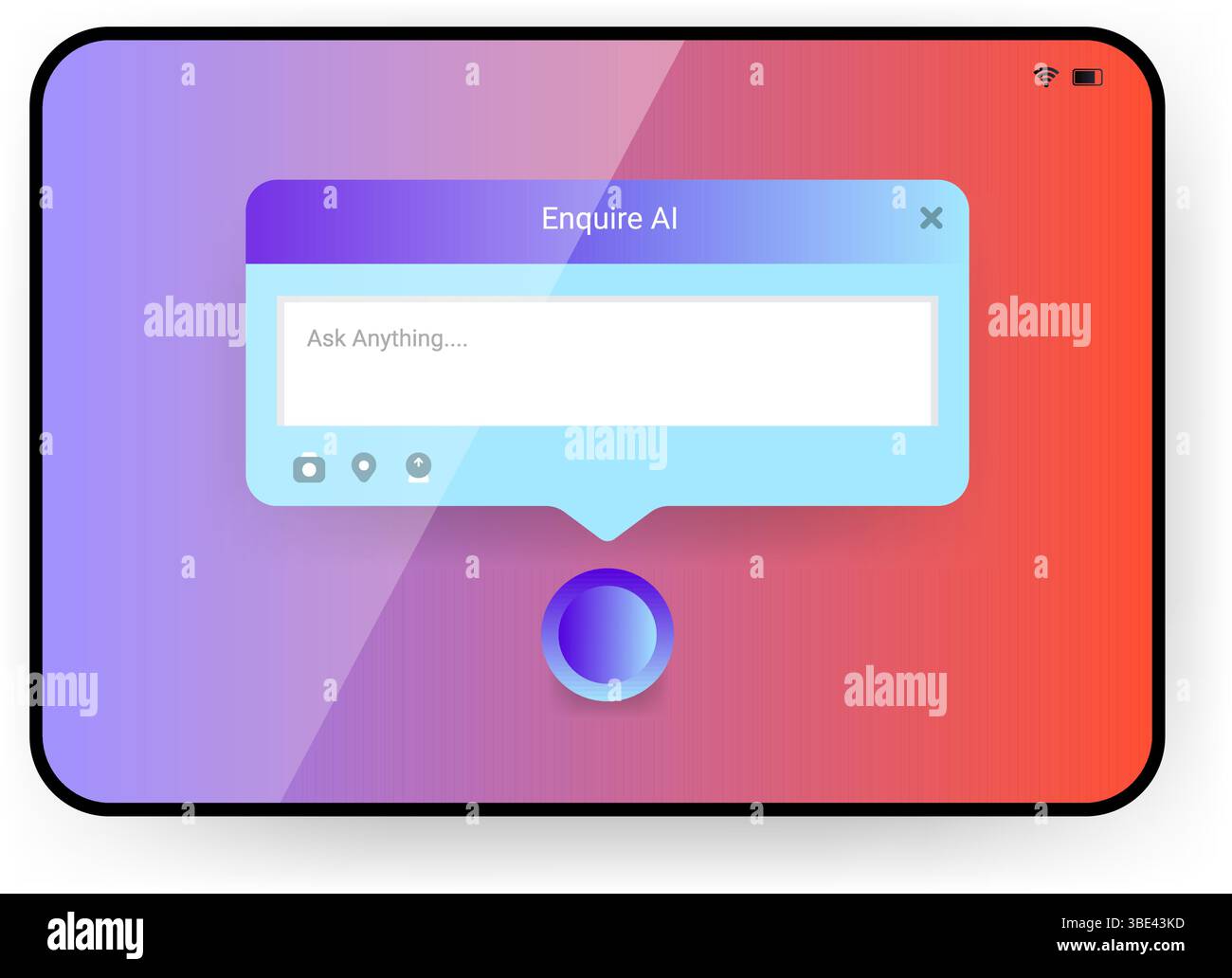 Realistic tablet device mockup displaying a user interface with a pop up chat window from an AI assistant. Stock Vector