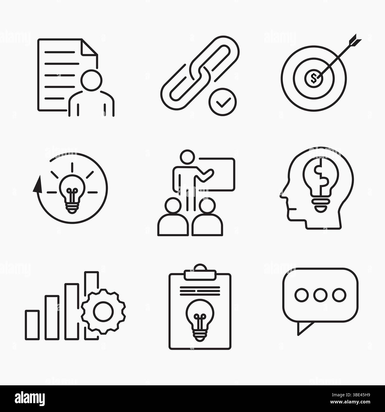Creative Business Solutions minimal outline icon set for ideas, teamwork, goals, innovation and strategy concepts, vector illustration Stock Vector