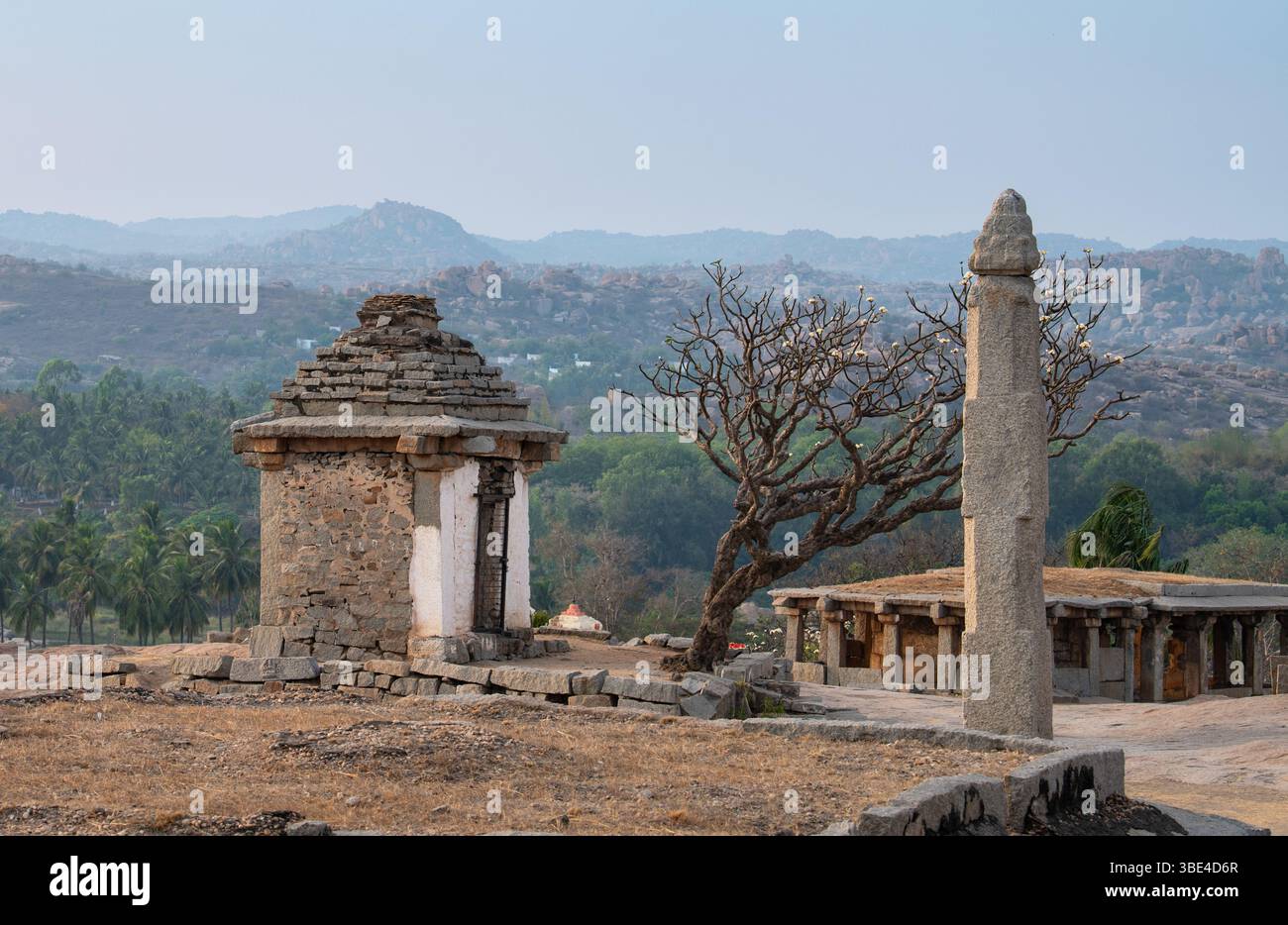 Sri Prasanna Anjaneya Gudi temple on Hemakuta hill, ruin in Hampi, South India, ancient Vijayanagara Empire, hindu culture and religion Stock Photo