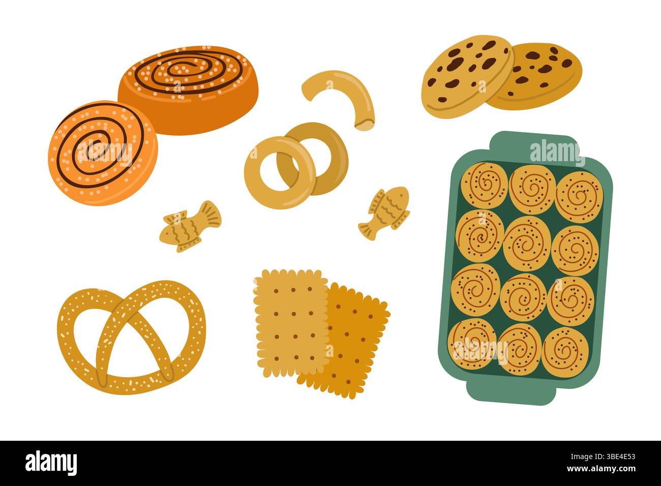 Flat cartoon style vector illustration of various isolated baked goods, including a bun, cracker, cookie, pretzel, and baking tray with buns. All elem Stock Vector