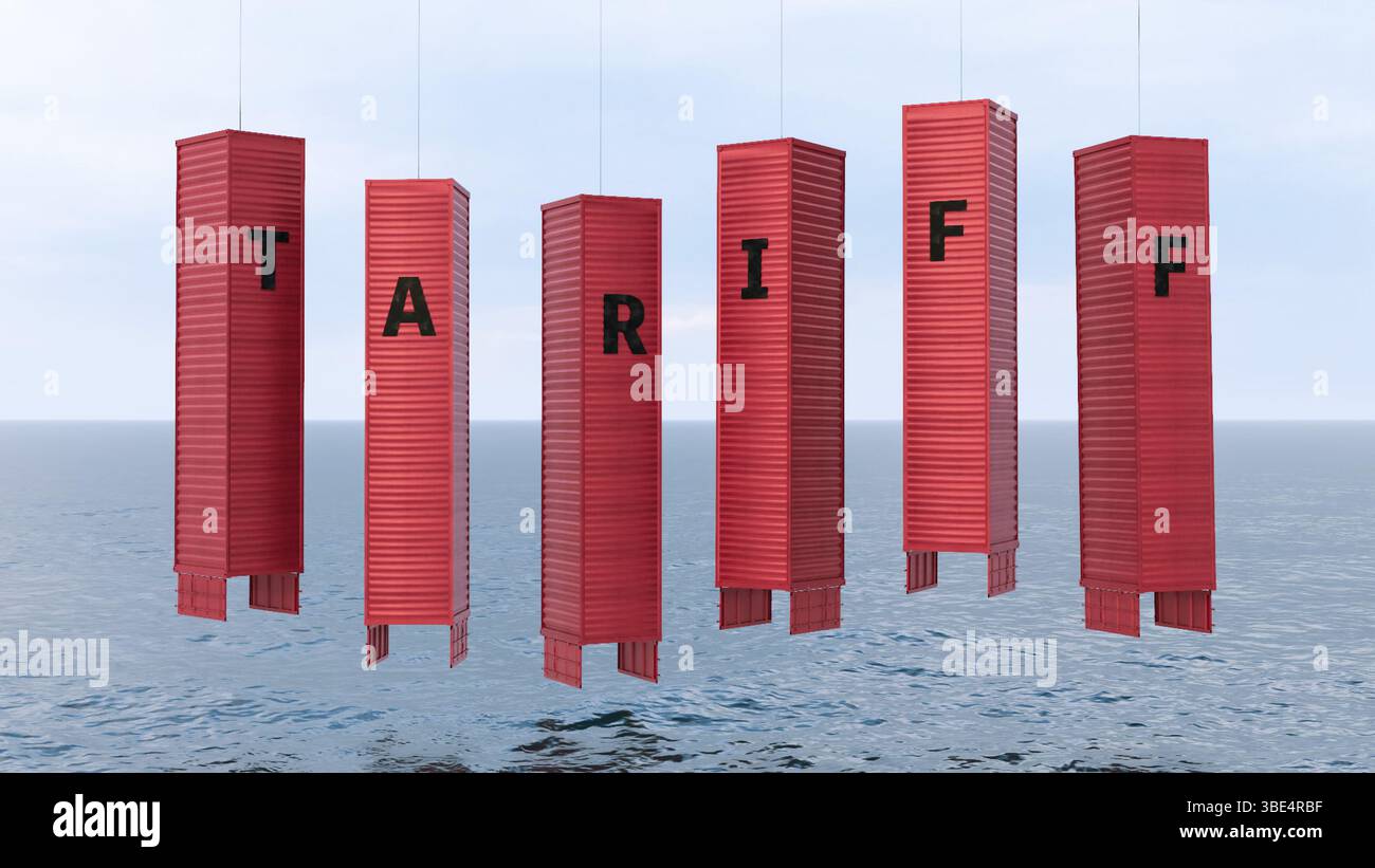 Red shipping containers suspended above the sea spell out TARIFF in ...